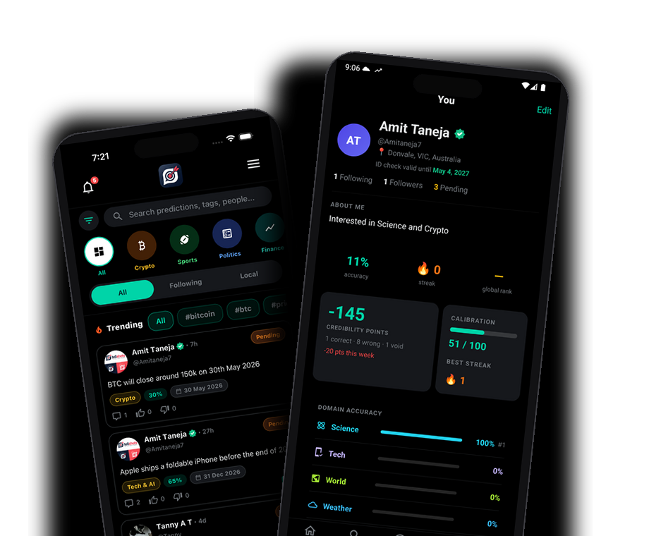 TellShots platform on iPhone: prediction feed and profile with accuracy score